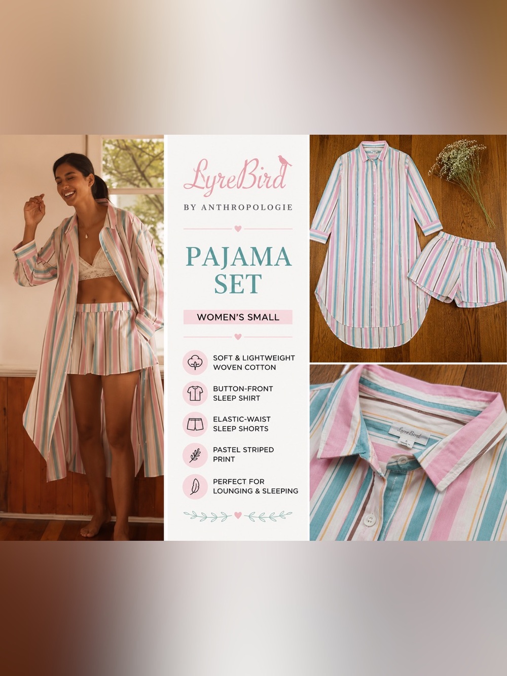 Anthropologie LyreBird Striped Pajama Set Small Sleep Shirt & Shorts Cottagecore